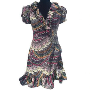 Jill Stuart Women’s Butterfly Pattern Ruffle Wrap Mini Dress Puff Sleeve Size 2